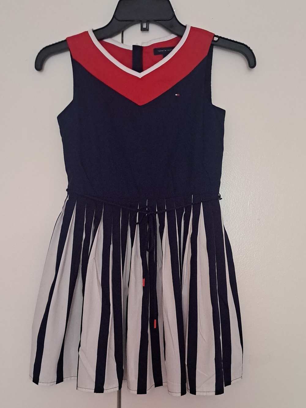 Tommy Hilfiger Navy, Red & White Sleeveless Pleated Stripe Dress